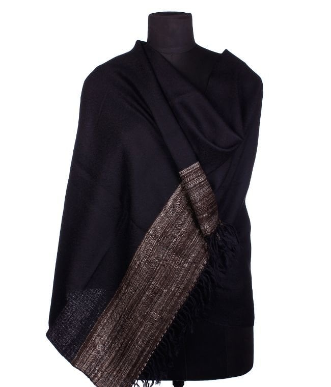 Handwoven Woolen Stole With Yak Wool Border- Black & Grey
