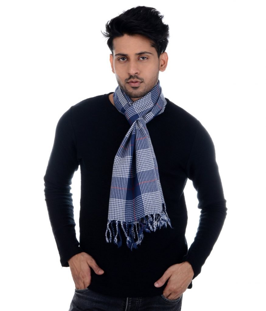 Handwoven Muffler Wool Blue Scottish Check HP