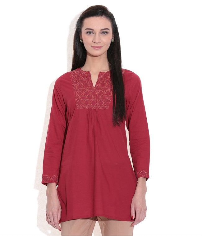 Short Kurti Women Maroon Handwoven Cotton Fabric Embroidered work - S