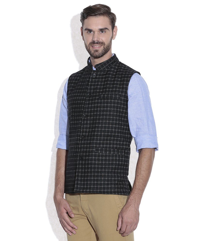 Reversable Nehru Jacket / Waist Coat Double Men Sheep Wool Black