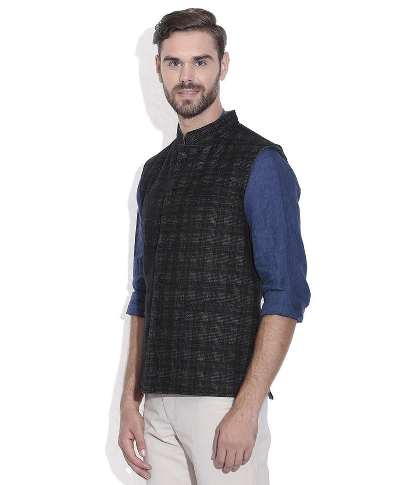 Reversable Nehru Jacket / Waist Coat Double) Men Sheep Wool Black