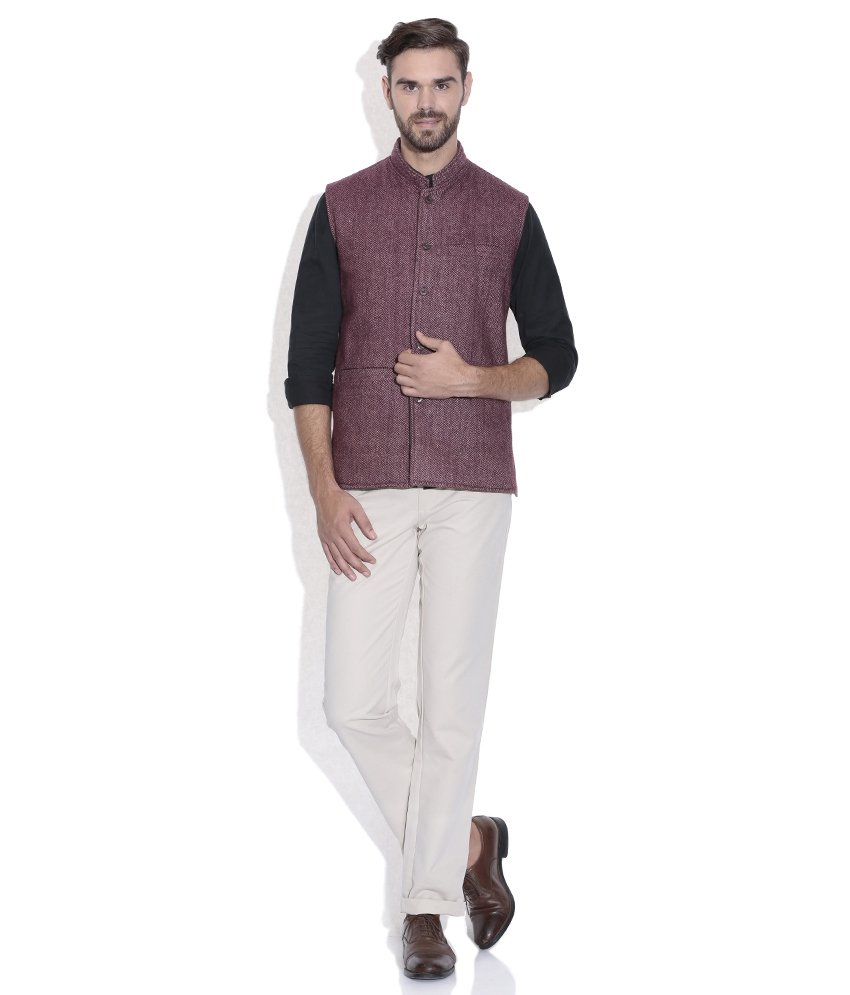 Reversable Nehru Jacket / Waist Coat Double Men Sheep Wool Pink