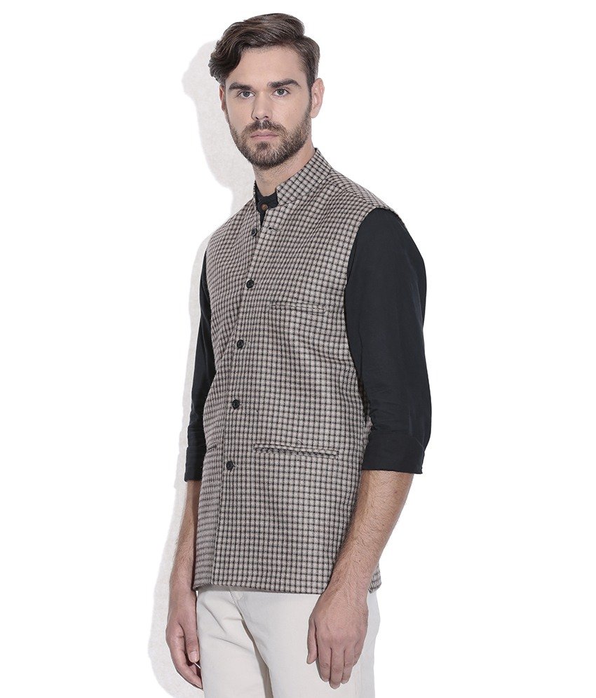 Nehru Jacket / Waist Coat Pasting Men Sheep Wool Brown & Beige Check