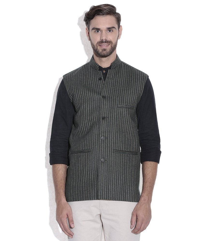 Nehru Jacket / Waist Coat Pasting Men Sheep Wool Green
