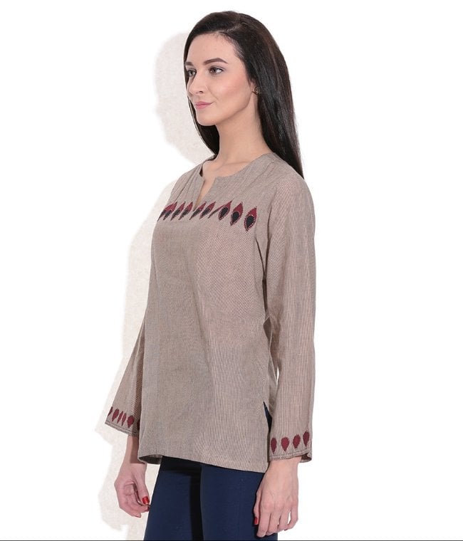 Short Kurti Women Beige Handwoven Cotton Fabric Patch work