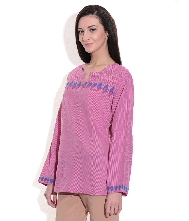 Short Kurti Women Pink Handwoven Cotton Fabric Patch work