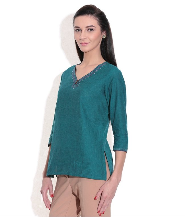 Short Kurti Women Green Handwoven Cotton Fabric Embroidered work