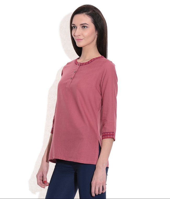 Short Kurti Women Pink Handwoven Cotton Fabric Embroidered work