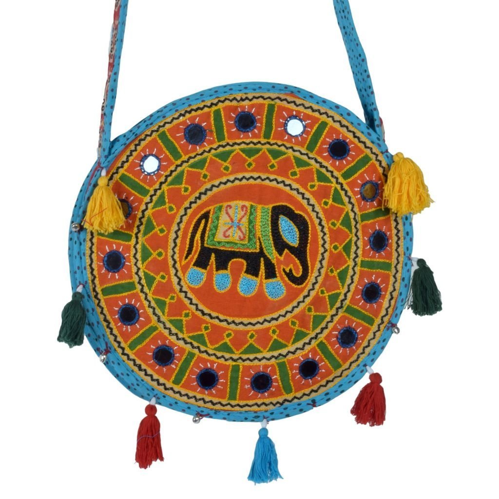Tribes India Cotton Bag Resham Embroidery Elephant Round
