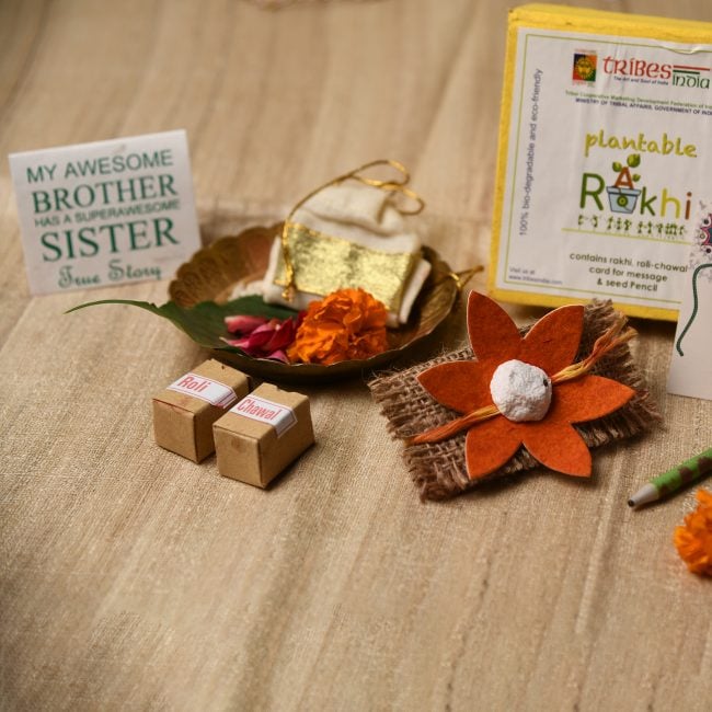 Raksha Bandhan Special Plantable Rakhi With Roli, Seed Pencil, Chawal and Thank You Card