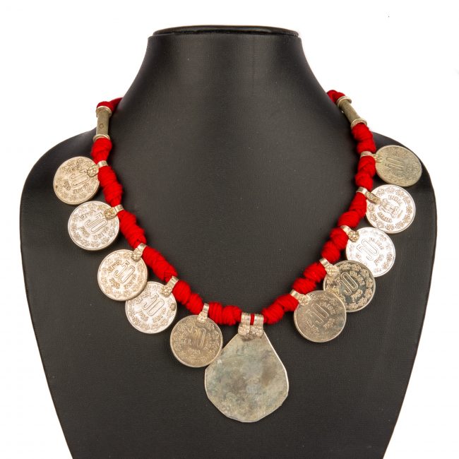 Tribes India Handmade Badam Coin Necklace (Multi-Color Thread)