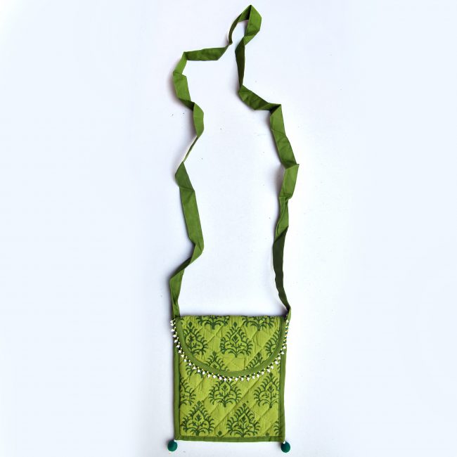 Handmade Cotton, Sponge & Bid Work Green Batua