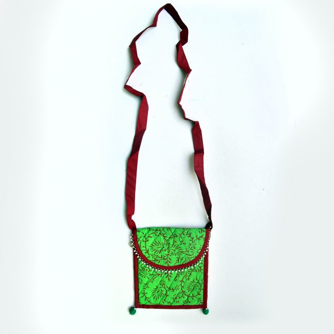 Handmade Cotton, Sponge & Bid Work Green Batua