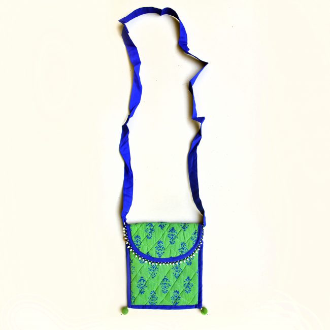 Handmade Cotton, Sponge & Bid Work Green Batua