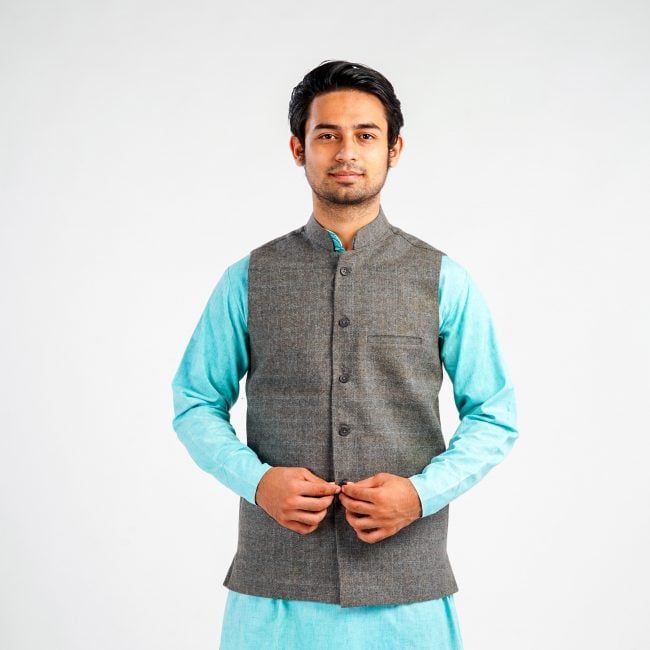 Handloom Woolen Plain Waist Coat Gray - 38