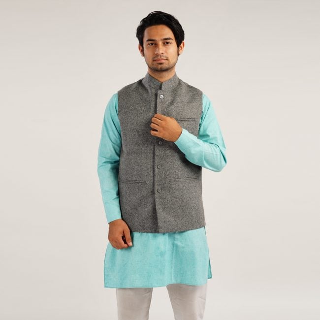 Handloom Woolen Plain Waist Coat - 40