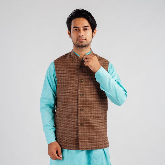 Handloom Woolen Checks Waist Coat - 40