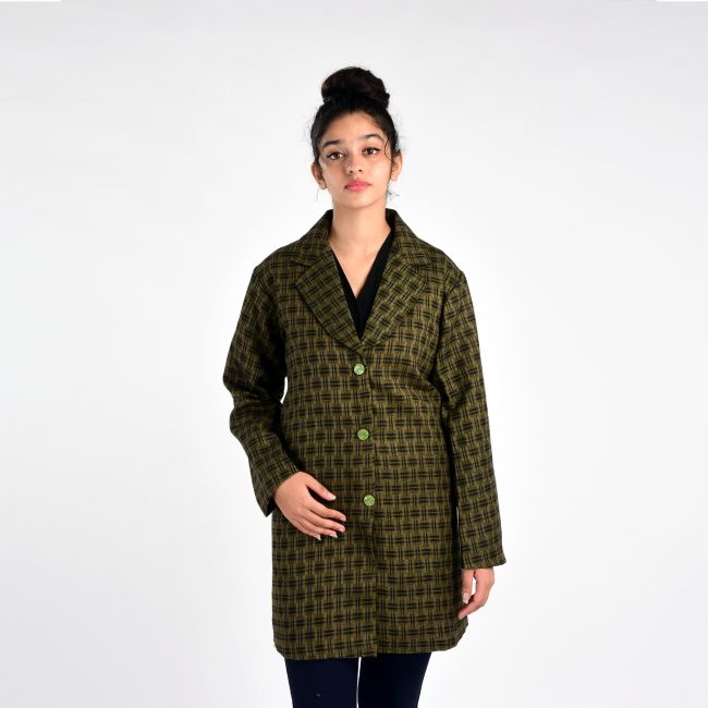 Handloom Woolen Checks Long Coat - 40