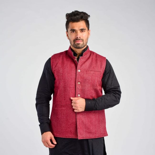 Handloom Woolen Plain Waist Coat - 42
