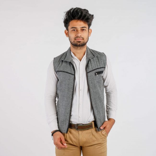 Handloom Woolen Herringbone Half Jacket - 36