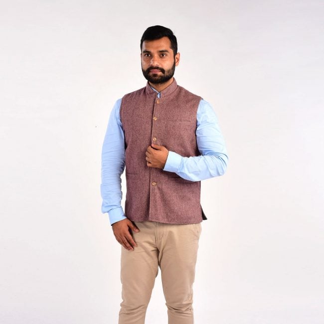 Handloom Woolen Plain Waist Coat - 42