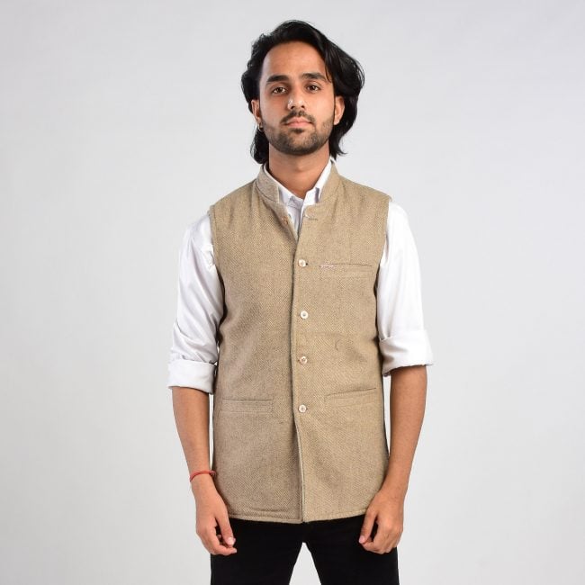 Handloom Woolen Twill Weave Waist Coat - 40