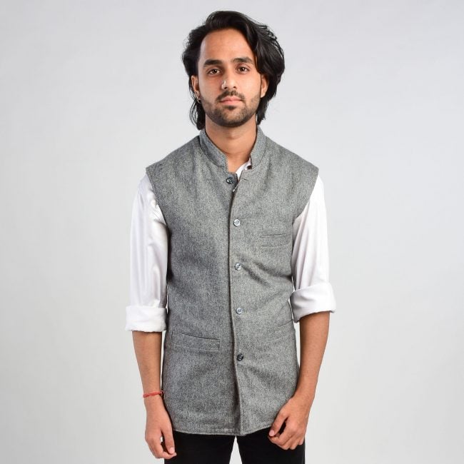 Handloom Woolen Textured Plain Waist Coat