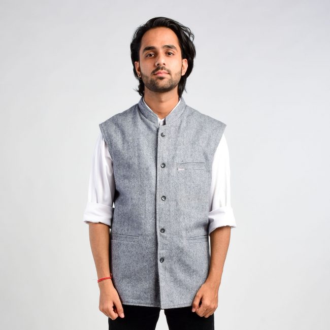 Handloom Woolen Textured Plain Waist Coat - 42