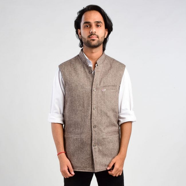 Handloom Woolen Plain Waist Coat - 40