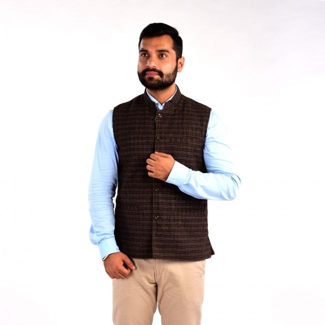 Handloom Woolen Checks Waist Coat - 38