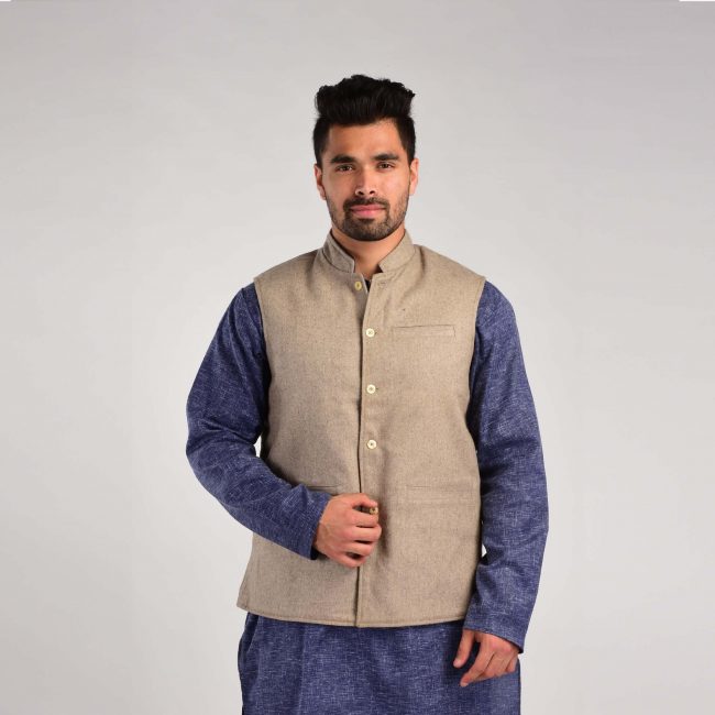 Handloom Woolen Plain Waist Coat - 42