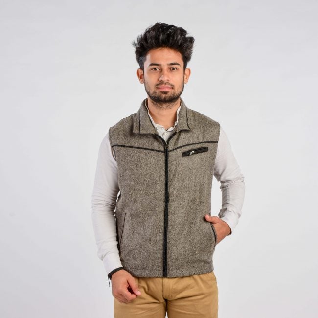 Handloom Woolen Herringbone Half Jacket - 40