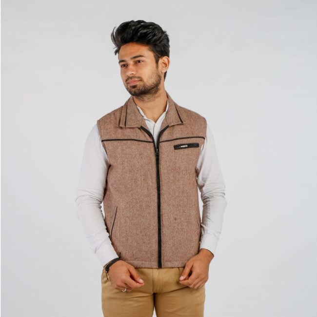 Handloom Woolen Plain Half Jacket  Brown - 42 Inch