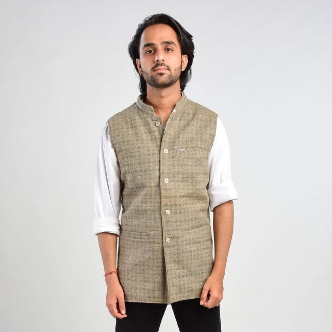 Handloom Woolen Checks Waist Coat - 42