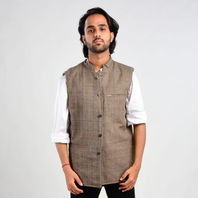 Handloom Woolen Checks Waist Coat - 40