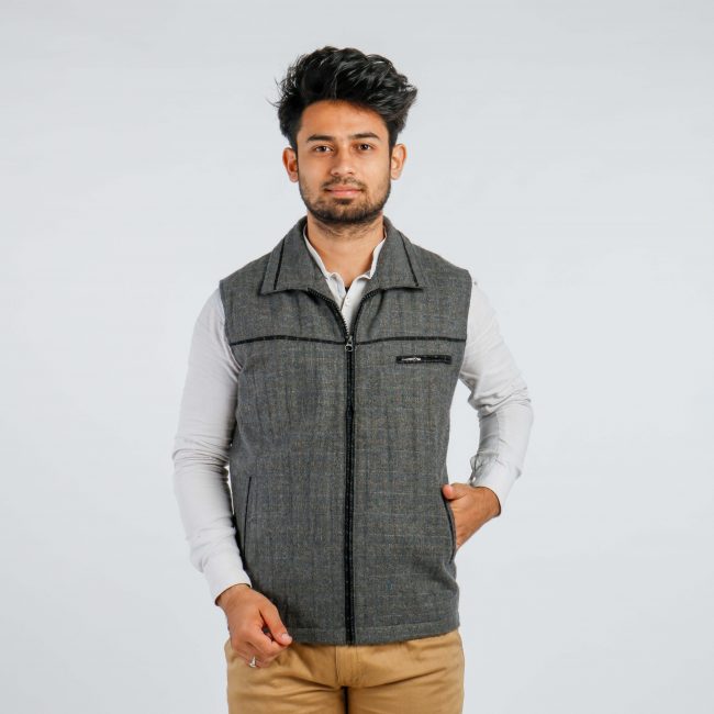 Handloom Woolen Checks Half Jacket - 44