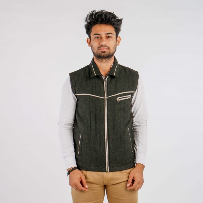 Handloom Woolen Herringbone Half Jacket - 38