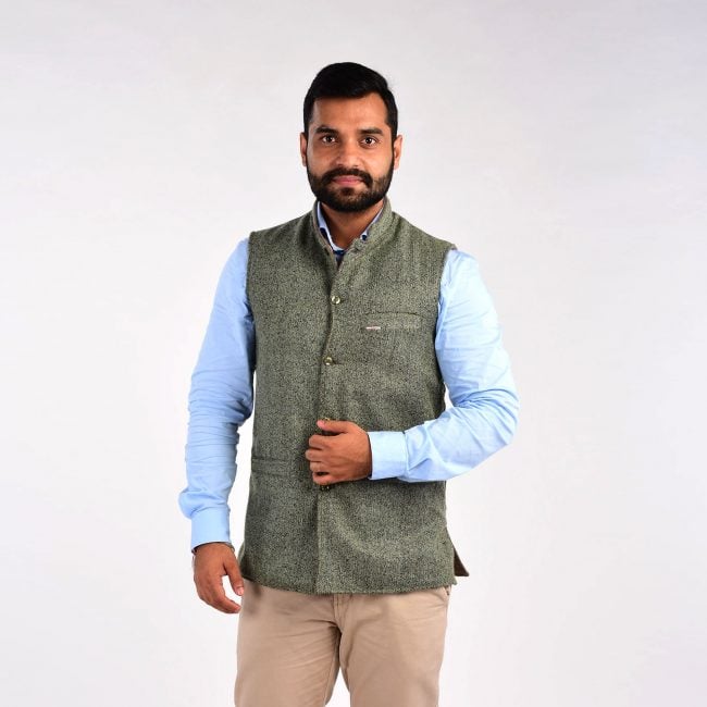 Handloom Woolen Herringbone Waist Coat - 38