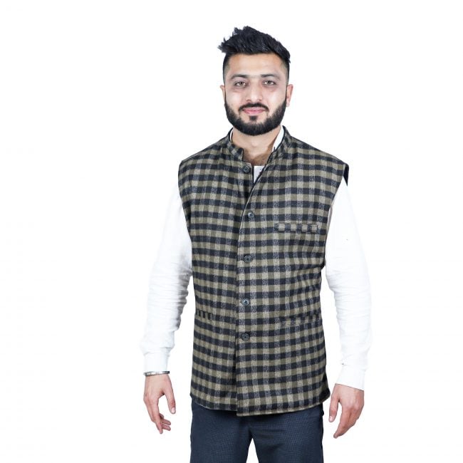 Handloom Woolen Plain Waist Coat - 42