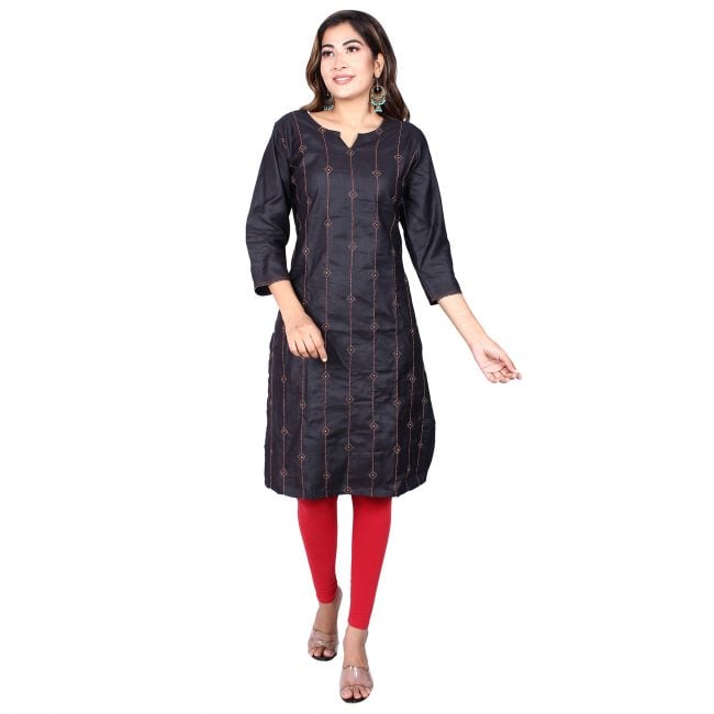 Silk Kurta with Kantha work - Black - L