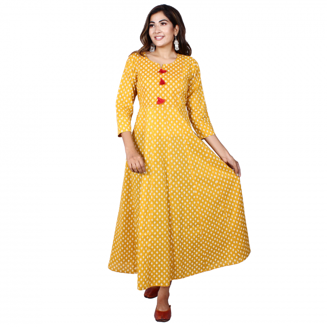 Cotton Block Print A-line floor-length kurta with Tassel - M