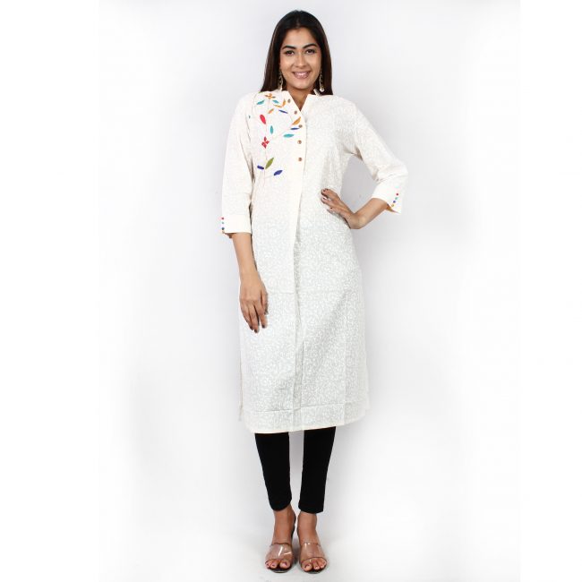 White Block Cotton Kurta - L