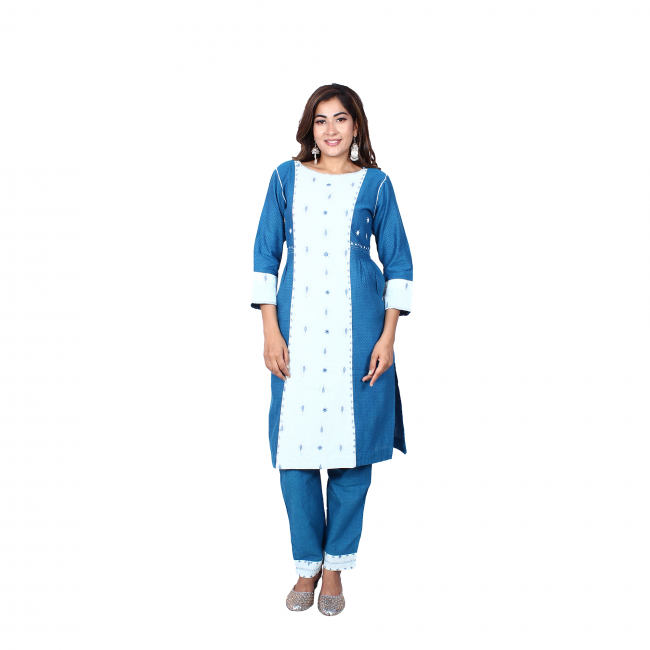 Tribes India Blue hand-embroidered Cotton Kurti-Pant Set - M