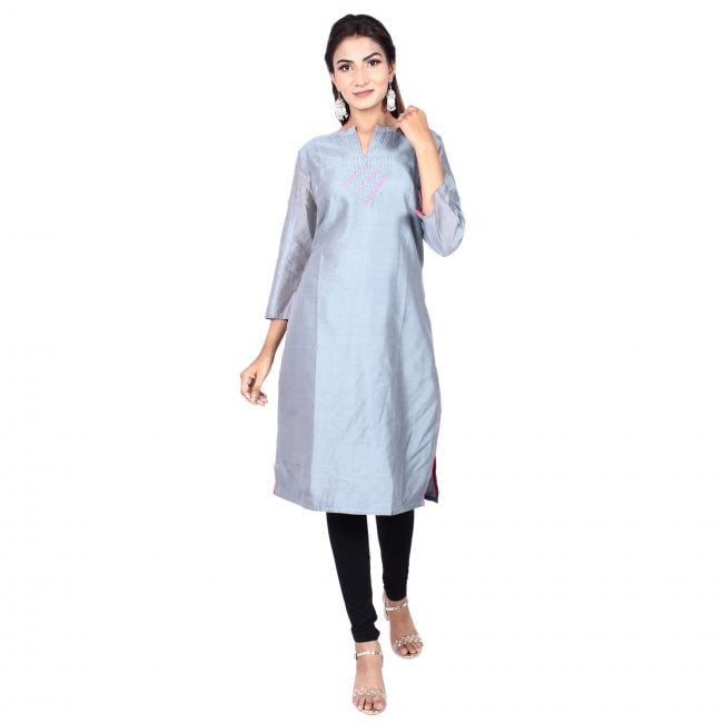 Chanderi Silk Kurta With Kantha Work