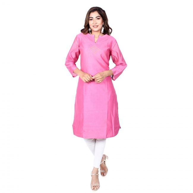 Chanderi Silk Kurta With Kantha Work - Pink