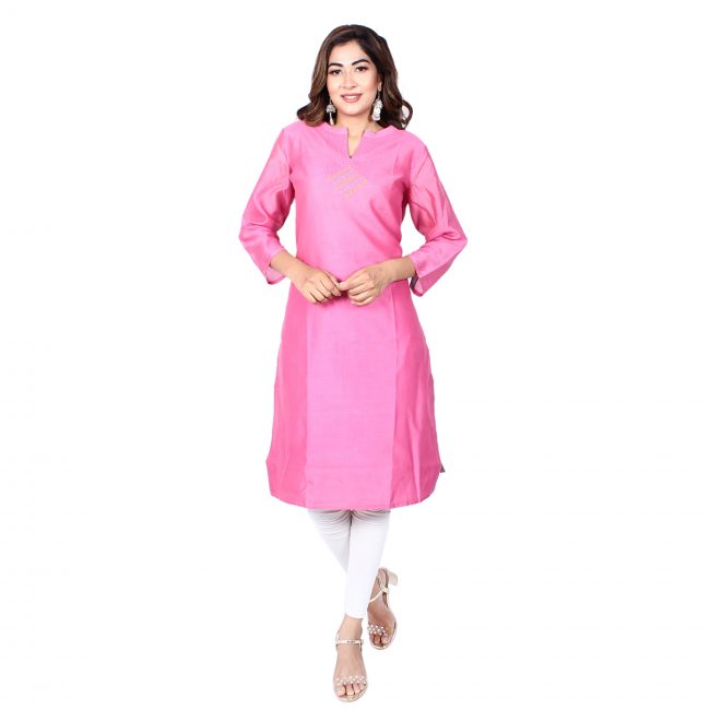 Chanderi Silk Kurta With Kantha Work - Pink - XL