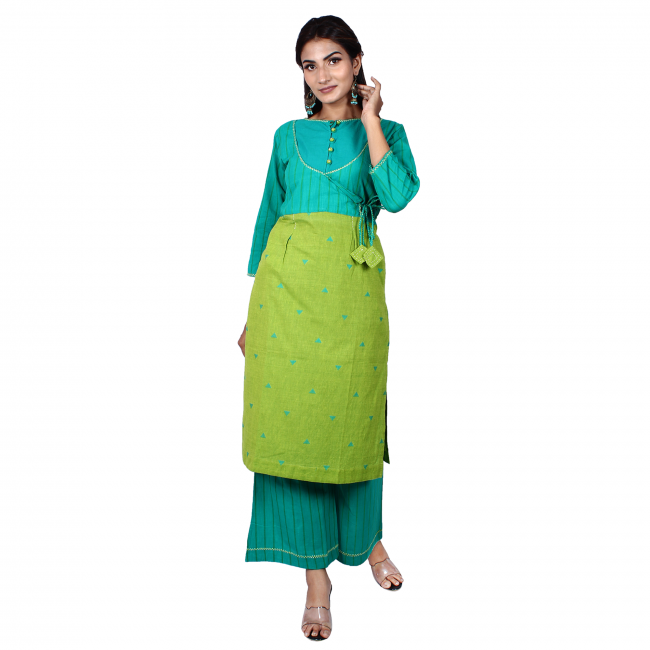 Green Cotton Printed Straight Line Angrakha Kurti-Palazzo Set - M