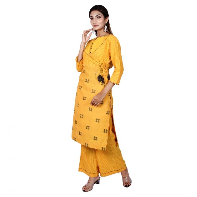 Yellow Cotton Angrakha Kurti - Palazzo Set