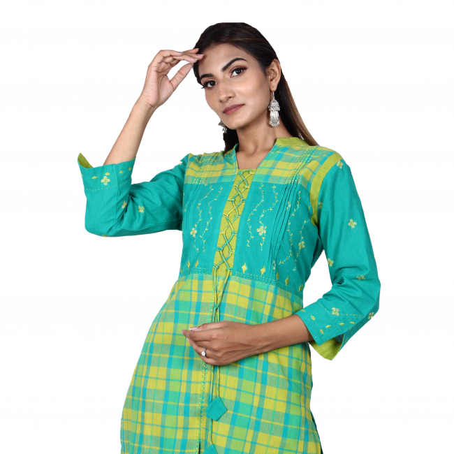 Hand Embroidered Straight Line Cotton Kurta-Pant Set
