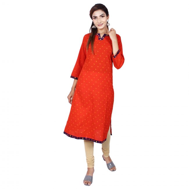 Cotton Bandhani Kurta With Mirror Work - XXL